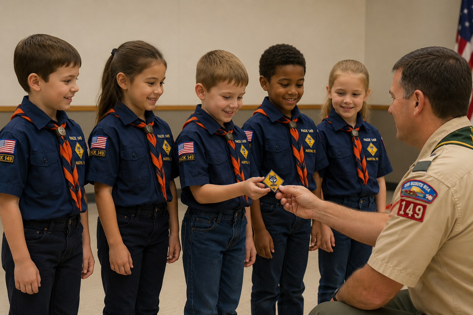 Scout receiving rank badge at awards ceremony