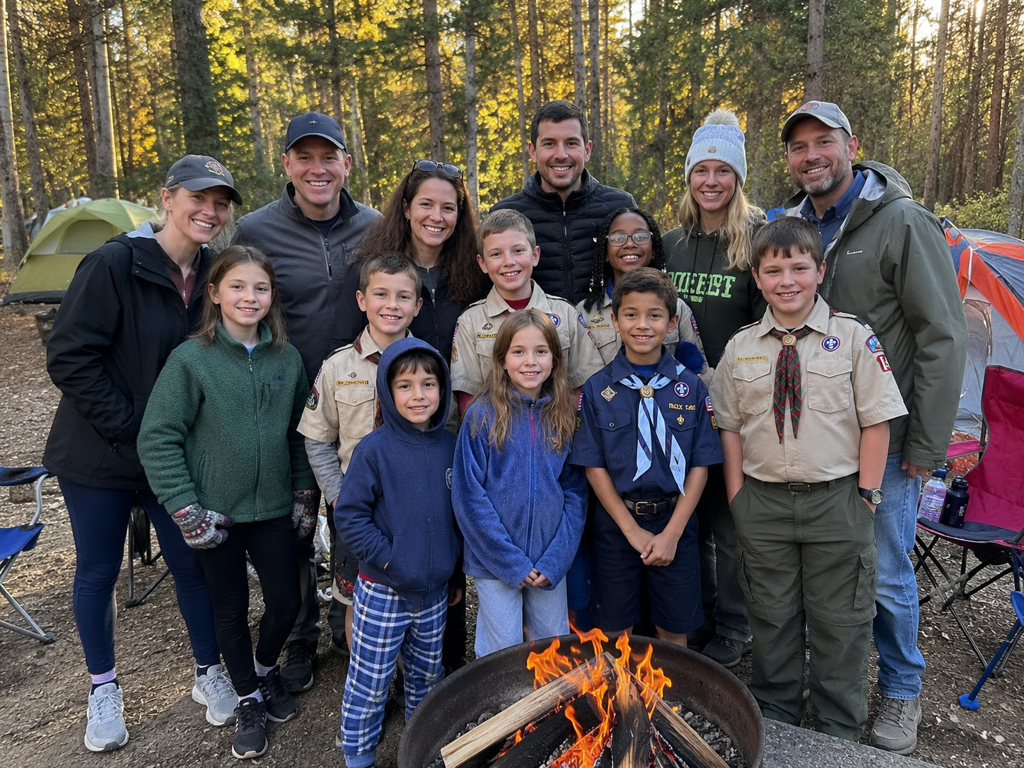 Pack 149 scouts and families gathered around a campfire