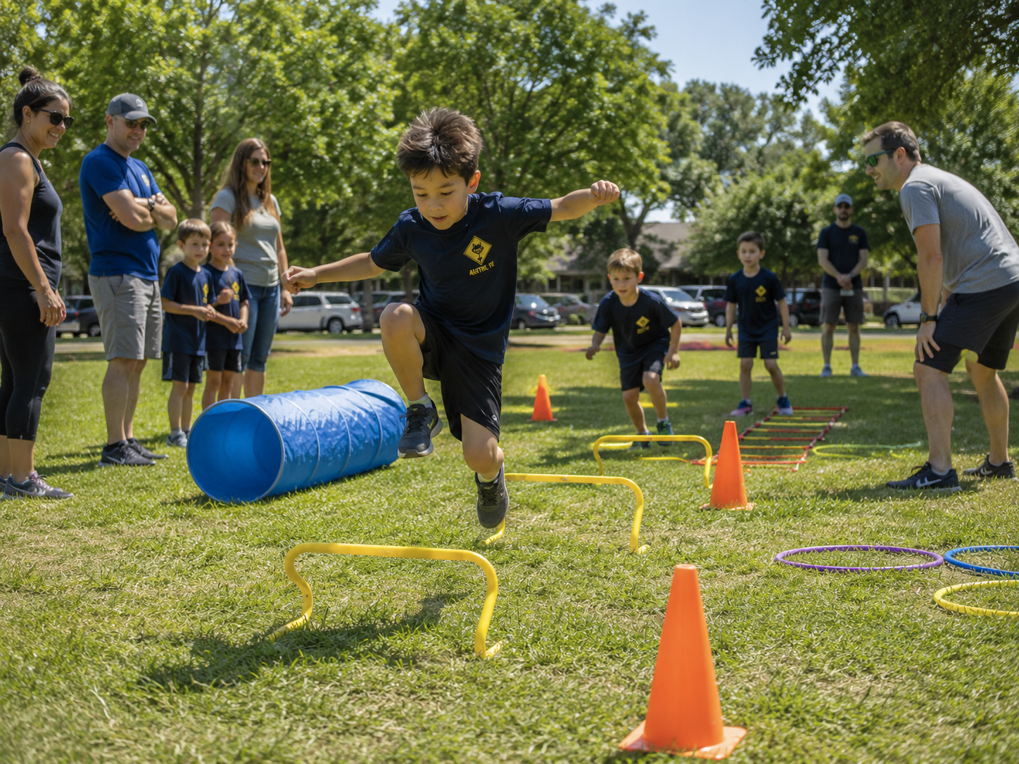 Scout jumping hurdles at the Physical Challenge
