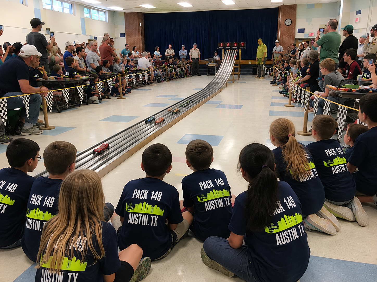 Pack 149 scouts watching Pinewood Derby race
