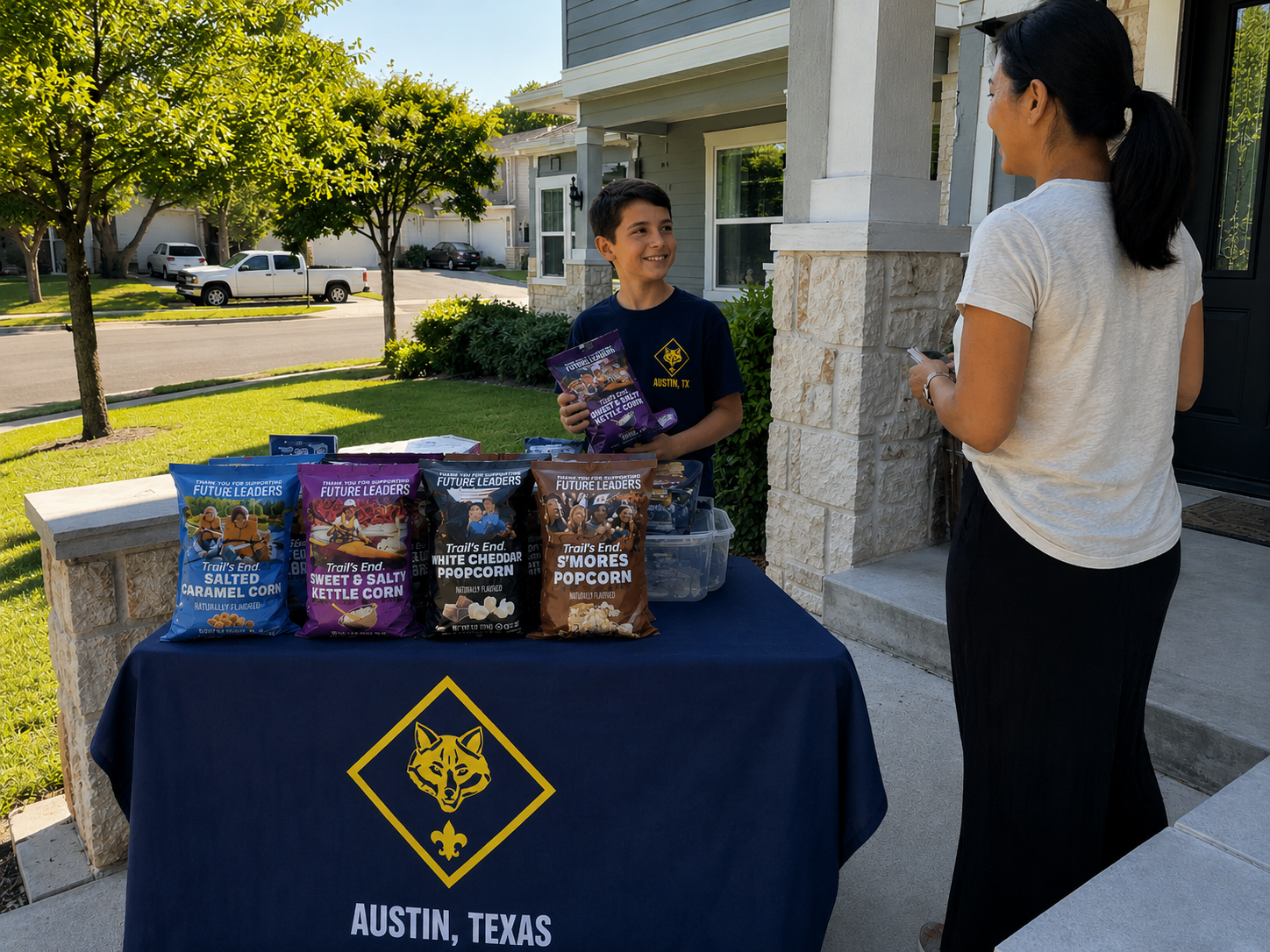 Scout selling popcorn at a Pack 149 table
